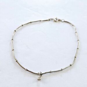 Vintage Silver Snake Chain Beaded Anklet Bracelet Signed Korea Rhinestone Charm